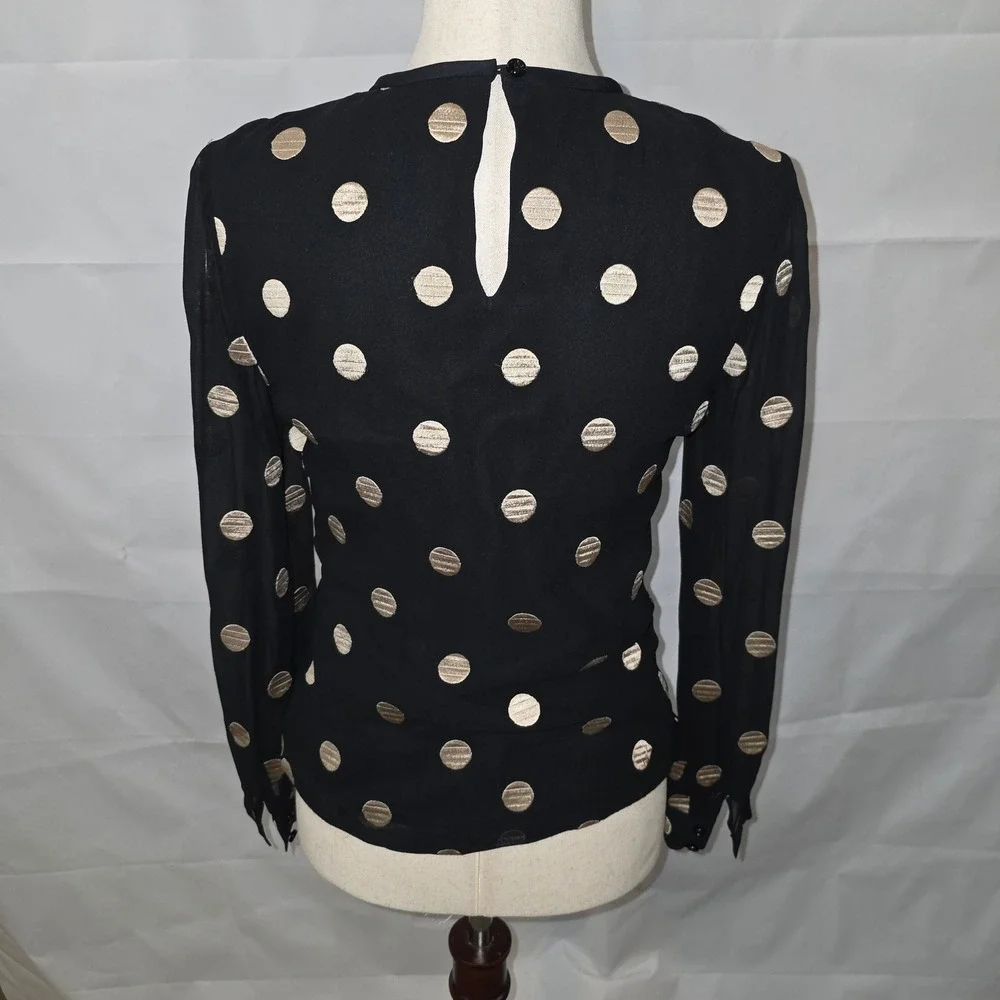 Kate Spade New York Black Gold Metallic Polka Dot Blouse Sheer Sleeve Size 0‎